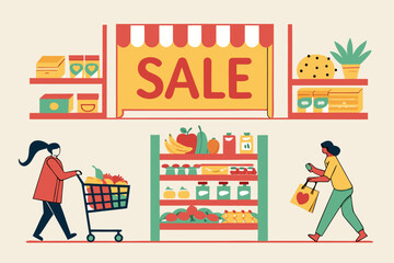 Sale of goods in a grocery supermarket. Counters with discounted products.  Shoppers snap up discounted items during a supermarket sale.