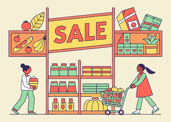 Sale of goods in a grocery supermarket. Counters with discounted products. 