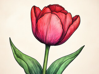 Vibrant red tulip with detailed petals and green leaves is illustrated against soft background, showcasing its natural beauty and elegance