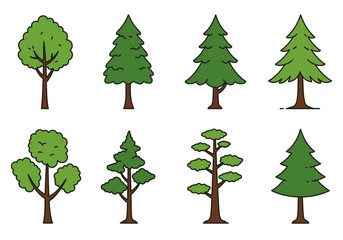 Collection of Eight Stylized Trees with Green Foliage and Brown Trunks.