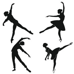 Silhouetted dancers exhibit elegant poses; one wears a dress, the others wear casual clothes on transparent background