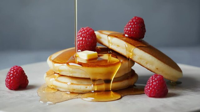 An elegant brunch scene with delicious pancakes and fresh mixed berries served on a marble table