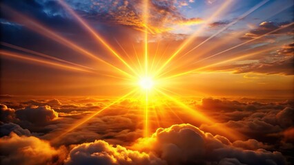 Fototapeta premium A vibrant orange and yellow light flare illuminates a dark sky, casting an ethereal glow on surrounding clouds, sunset