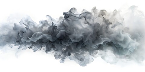 A dramatic plume of dark grey smoke swirls and drifts against a pure white background