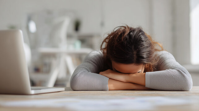 Woman resting head on folded arms at desk with laptop, showing tiredness and exhaustion in bright office environment