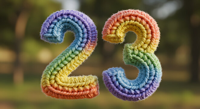 Crochet number twenty-three displays a vibrant rainbow yarn texture against a soft, natural, defocussed green background