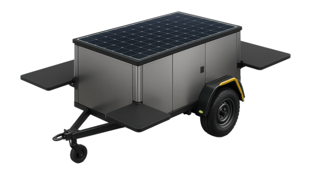Field kitchen trailer with solar panels on the roof and extendable side counters