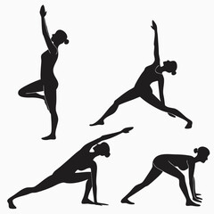 Silhouetted woman demonstrates tree pose and various stretching exercises with graceful form and balance on transparent background