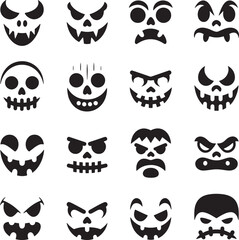 Scary Face Silhouette Icon Set with Sixteen Horror Expressions for Halloween and Monster Designs