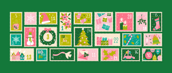 Cute hand drawn Christmas advent calendar. Lovely doodle drawings, vector design