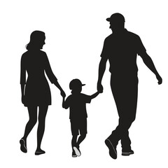 Silhouetted father, mother, and child walk together holding hands, showcasing familial love on transparent background