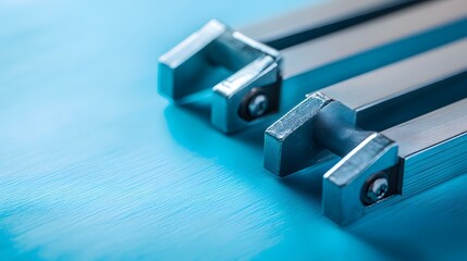 Close-Up of Metallic Tools on Blue Surface with Reflections