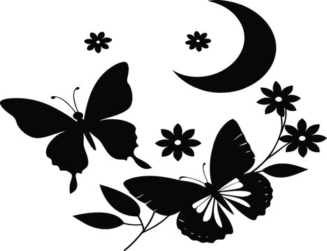 butterfly and flowers with moon