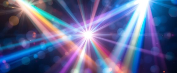 Vibrant multicolored light rays leak overlay effect on a dark background, creating a dazzling, energetic atmosphere.
