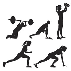 Various people in black silhouettes are shown exercising with weights, stretching and running