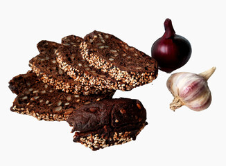 black bread with sunflower seeds, dried sunflower seeds, garlic and  purple onions on a white...