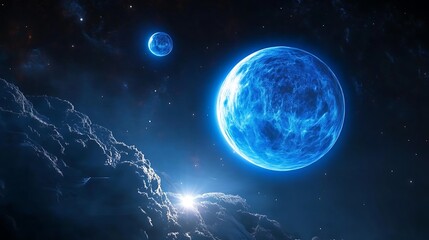 Obraz premium Celestial Sphere in an Alien Sky The Light Beyond the Dark Frontier Frozen Peaks Beneath a Cosmic Glow A World Reimagined in Blue and Stars