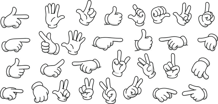 Cartoon glove hand gesture icon set, vector pointing fingers, peace signs, thumbs up, comic hand illustrations, white glove clipart