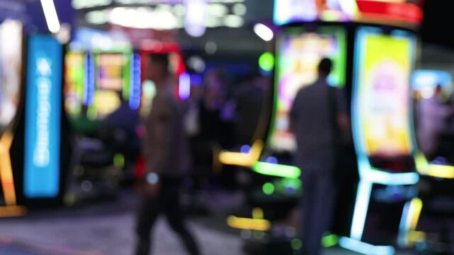 Unrecognizable people playing colorful electronic slot machines in a modern casino environment with neon lights. Gambling addiction concept.
