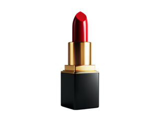  A realistic photograph of an elegant lipstick, a vibrant red with gold trim and a black square case, centered on a white background 