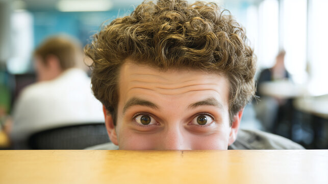 Young man with curly hair peeking over wooden desk in bright office environment, showing playful and curious expression with wide eyes and slight smile