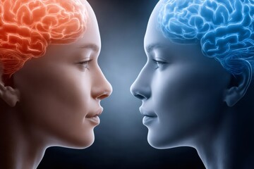 Fototapeta premium Two female profiles showing brain activity facing each other