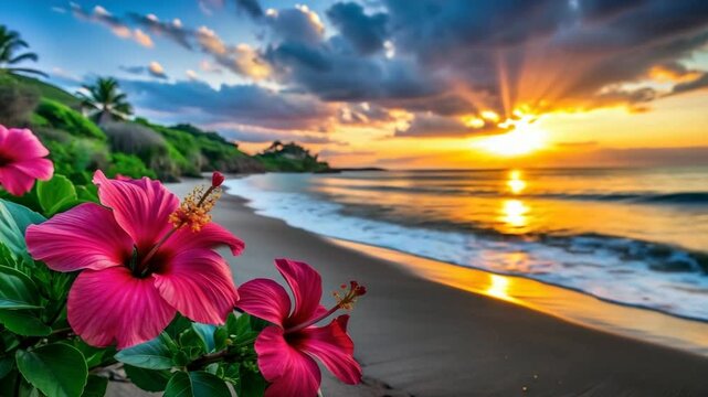 Vibrant hibiscus flowers on Maui beach at sunset, hibiscus, flowers, Maui, Hawaii, colorful, sandy beach 