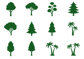 Green Tree Silhouettes Diverse Forest Icon Set for Design Projects.