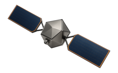 Navigation satellite with a pentagonal design and uniquely angled solar panels
