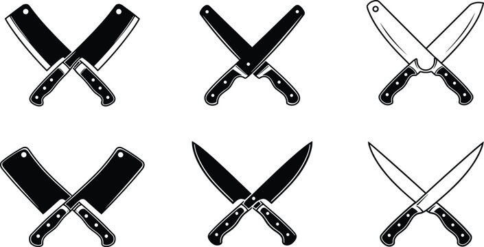 Crossed kitchen knives vector set, butcher cleaver icon, chef knife silhouette, cooking tool illustration, food preparation cutlery design graphic
