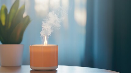 A soft orange candle with smoke rising in a room with a plant