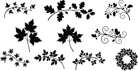 Elegant black leaf silhouette design collection, floral ornament vector, vintage foliage clipart set, botanical illustration for decorative artwork