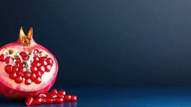 A halved pomegranate, ruby seeds spilling out, dark backdrop, space on the right for.