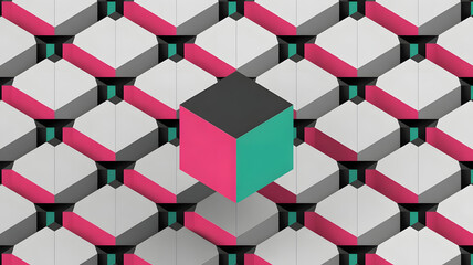 A colorful cube stands out from a geometric pattern background
