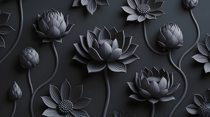 A dark floral background with elegant black lotus flowers