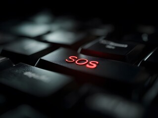 Red SOS Button on Black Keyboard with Dark Background Focused Light