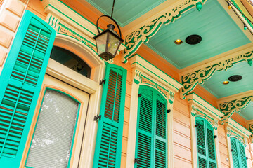 Close up of a colorful wooden house, creole cottage architecture in New Orleans, Louisiana