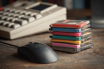 Vintage computer setup featuring floppy disks, mouse, and old keyboard on wooden surface