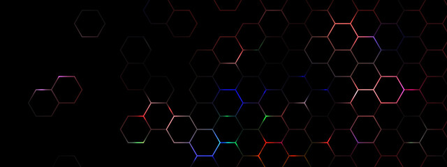 Abstract geometric background featuring a hexagonal grid pattern with vibrant rainbow colors on a dark backdrop. Ideal for modern design, digital art, UI UX, and creative projects.