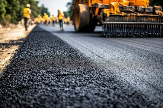 Construction Workers Paving Road with Heavy Machinery on Asphalt Surface
