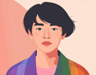 Stylized portrait of person with pink hair and rainbow background, symbolic illustration of pride and identity