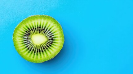 A halved kiwi, bright green and black seeds, tropical vibe, space on the left for.