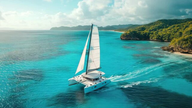 Couple sailing on a catamaran in the Caribbean Sea, 4K hyperrealistic video
