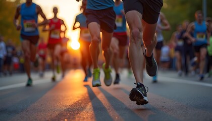 Marathon Runners Racing Towards Sunset A Captivating Image of Endurance and Competition