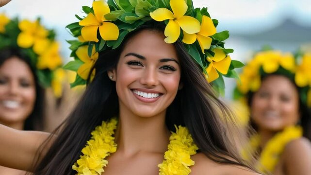 A traditional Hawaiian luau with people dancing the hula, a pig roasting in the ground, and guests enjoying tropical food and drinks, symbolizing the hospitality and culture of Hawaii