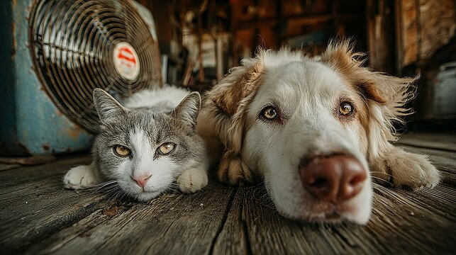 Cat and dog cool off with fan in sunny room - Powered by Adobe