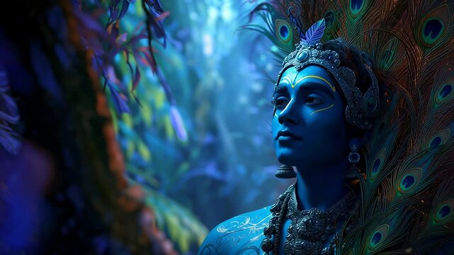 Artistic depiction of Lord Krishna with blue skin and peacock feathers, gazing upward in a mystical forest filled with soft glowing light.