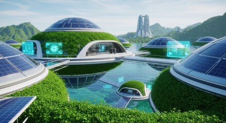 Futuristic Eco-friendly City with Dome Structures and Greenery