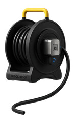 Shockproof drum cable reel with a heavy-duty rubber cable and locking mechanism for factory floors