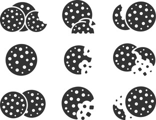 Set of minimalist cookie icons, black and white chocolate chip biscuit symbols, bitten cookie silhouette vector design for branding